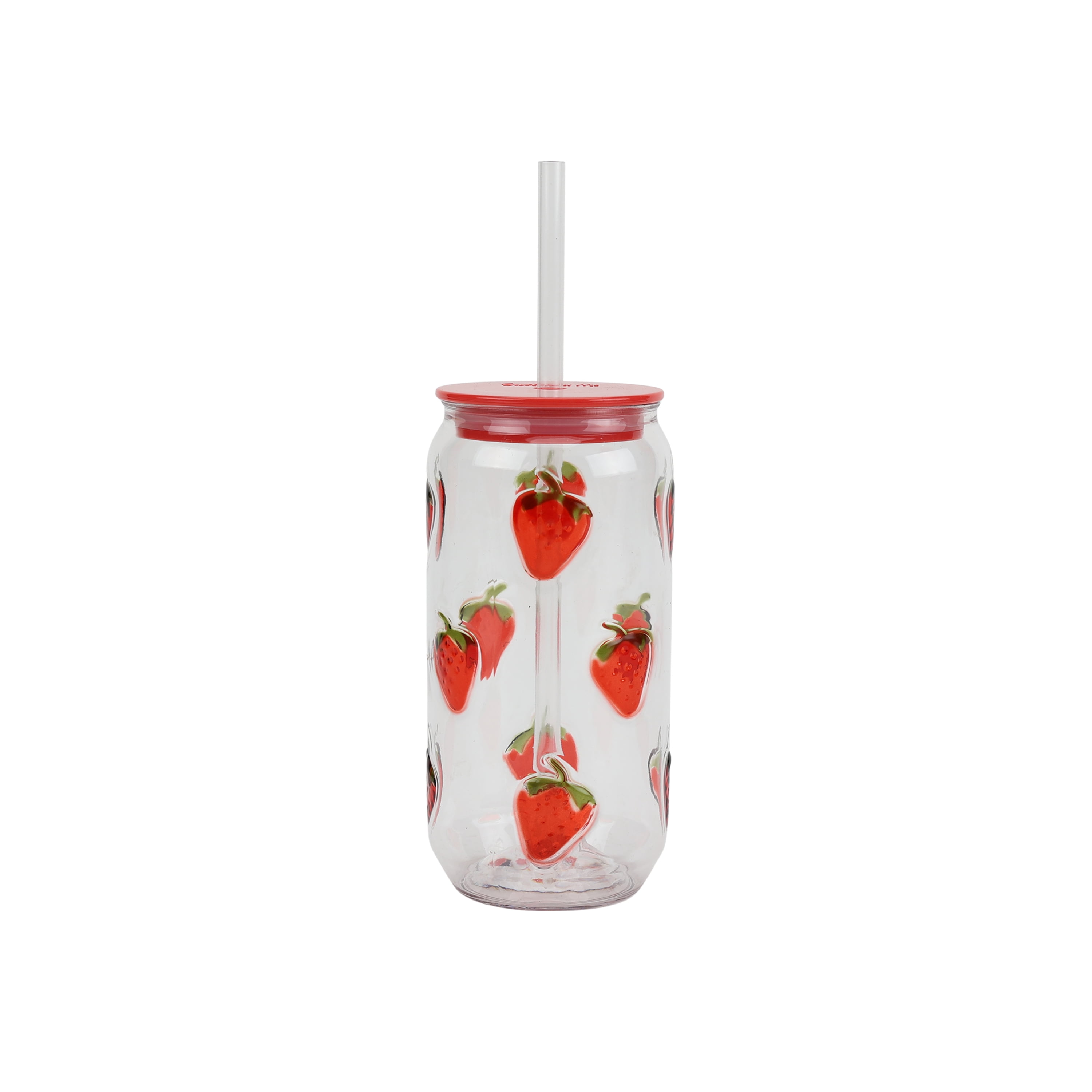 Just Feed Me by Jessie James Decker 4-Piece 18oz Embossed Strawberry Can Sipper Tumbler with Straw Set