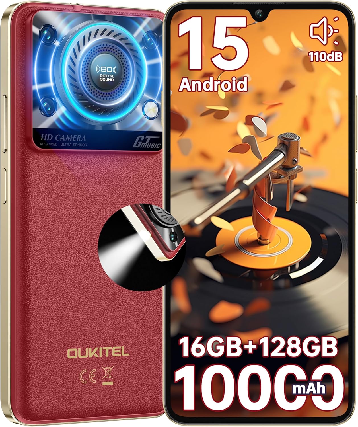 OUKITEL C60 Cell Phones Unlocked Android 15-10000 mAh Battery 16GB +128GB/1TB TF Android Phones, 6.88”HD+ Display 13MP Camera 110dB Speaker Smartphone, 120LM Flashlight/Fingerprint/OTG/4G Dual SIM