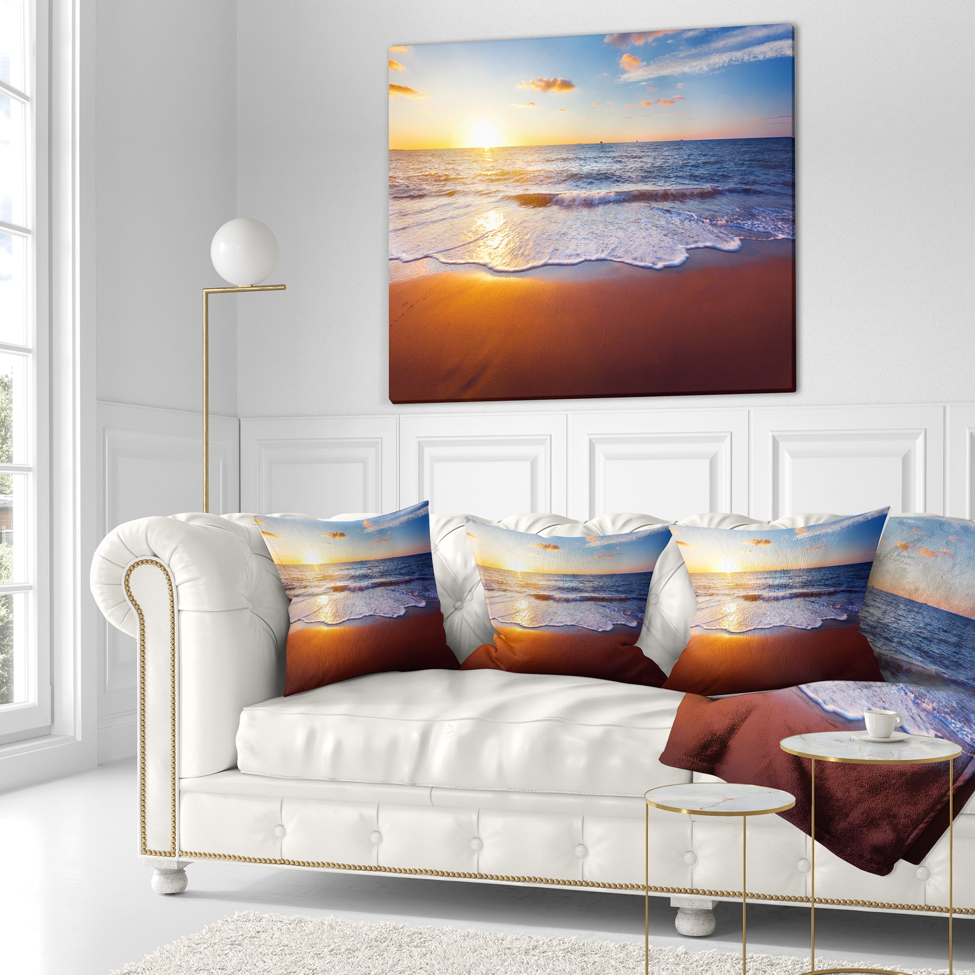 Designart Stunning Blue Waves and Brown Sand - Beach Photo Throw Pillow - 16x16