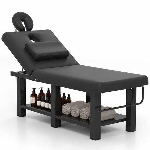 Artist hand Facial Spa Bed Stationary Massage Table Beauty Salon Tattoo Medical Treatment Bed Adjustable Backrest with Headrest(Black)