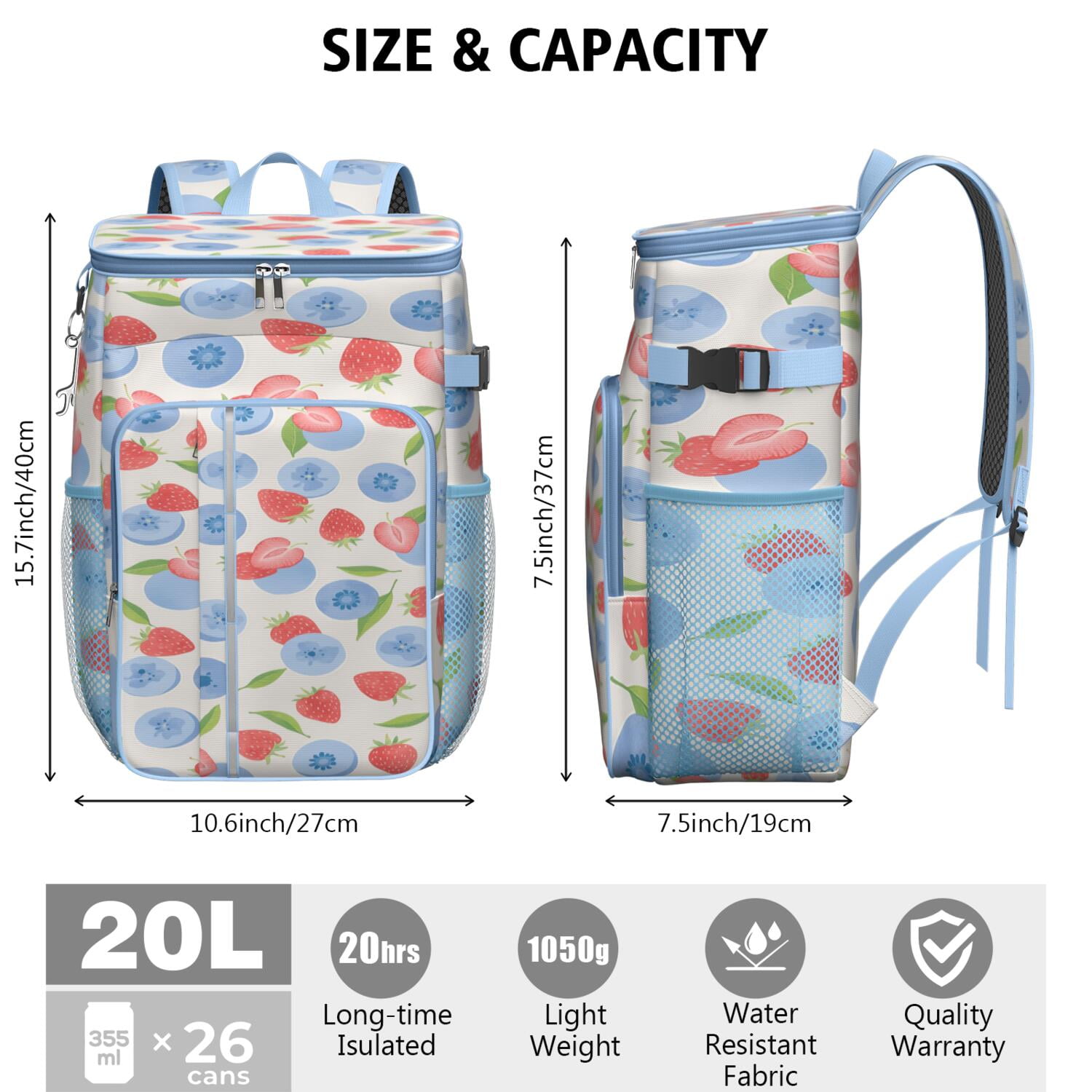 Cooler Backpack 26 Cans Insulated Backpack Cooler for Men & Women,Strawberry Fruit Mesh Coolers Bag for BBQ Camping Beach