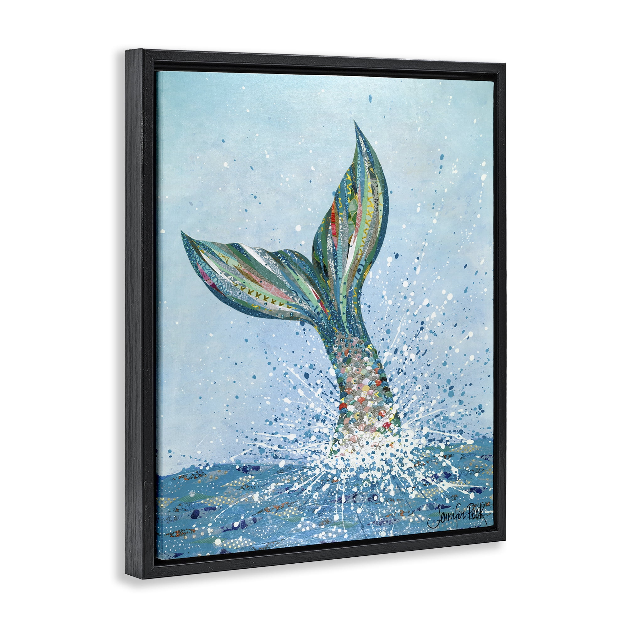 Stupell Industries Diving Mermaid Tail Fairy Tales & Fantasy Painting Black Floater Framed Canvas Art Print Wall Art, 25 x 31