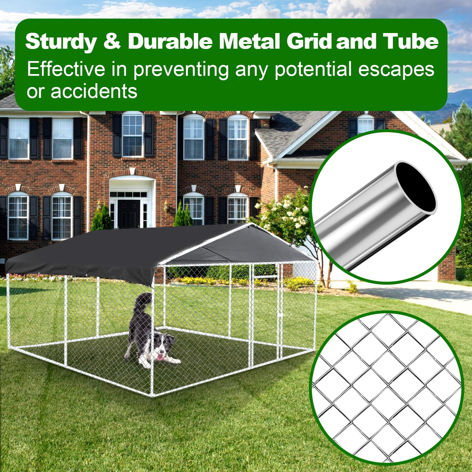Jarbalai 10 x 10ft Large Outdoor Covered Dog Kennel with Roof Heavy Duty Outside Dog Run Enclosure