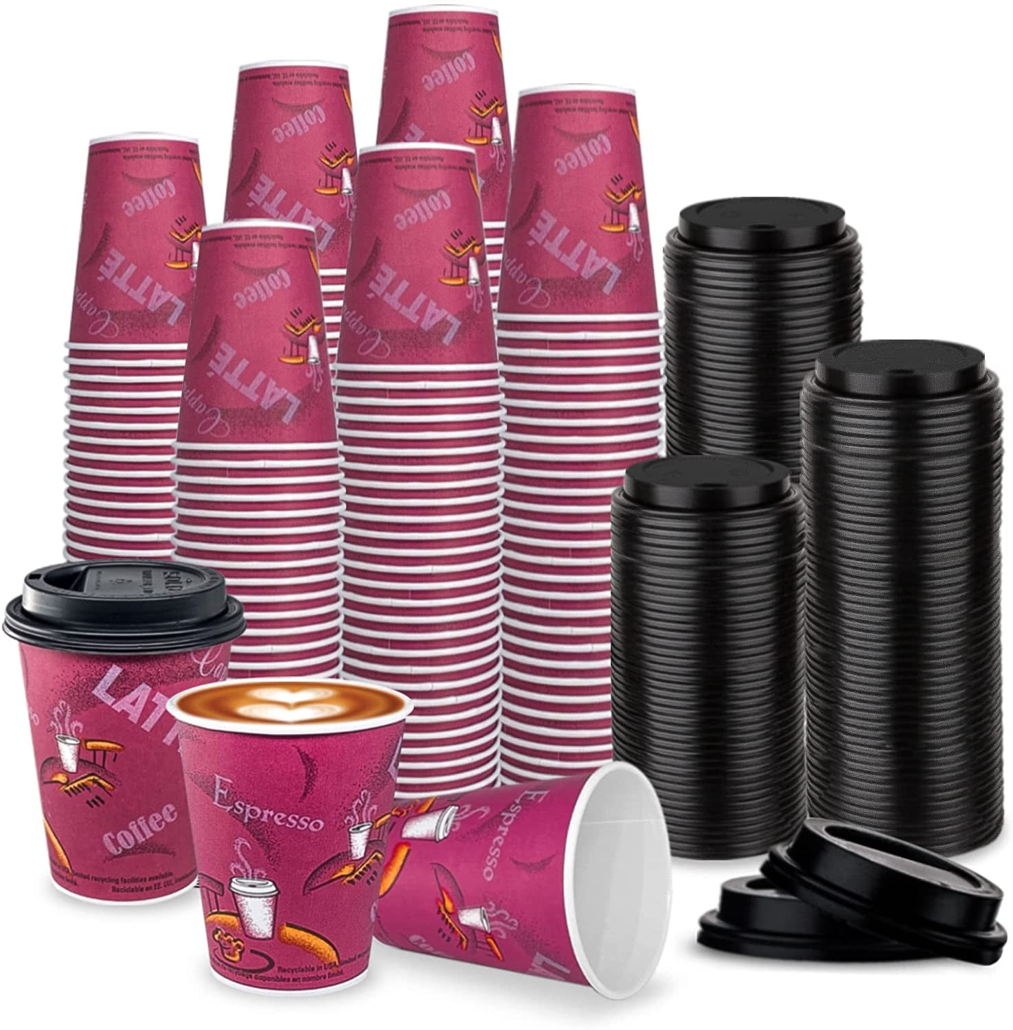 12oz Disposable Paper Coffee Black Cups & Black Lids 