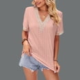 thumbnail image 2 of ATOYSOY Women's Casual Elegant Lace Crochet Shirts Loose Eyelet Tops Solid Color Pullovers Summer Short Sleeve Tees Workout V Neck Blouses Activewear Fashion Pink M, 2 of 4