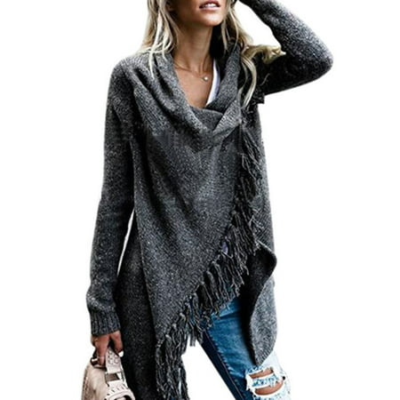 Womens Knitted Long Sleeve Cowl Neck Poncho Ladies Tassel Shawl Sweater Top Coat