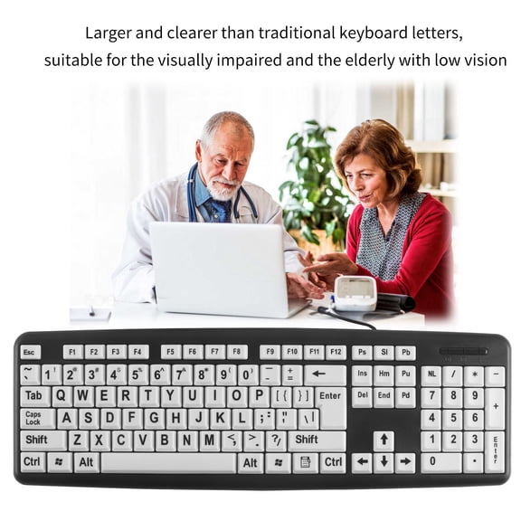 Large Print Keyboard for Seniors & Visually Impaired - USB Wired 107-Key Ergonomic Keyboard with Spill-Resistant Design | 440x140mm ABS Plastic Keyboard