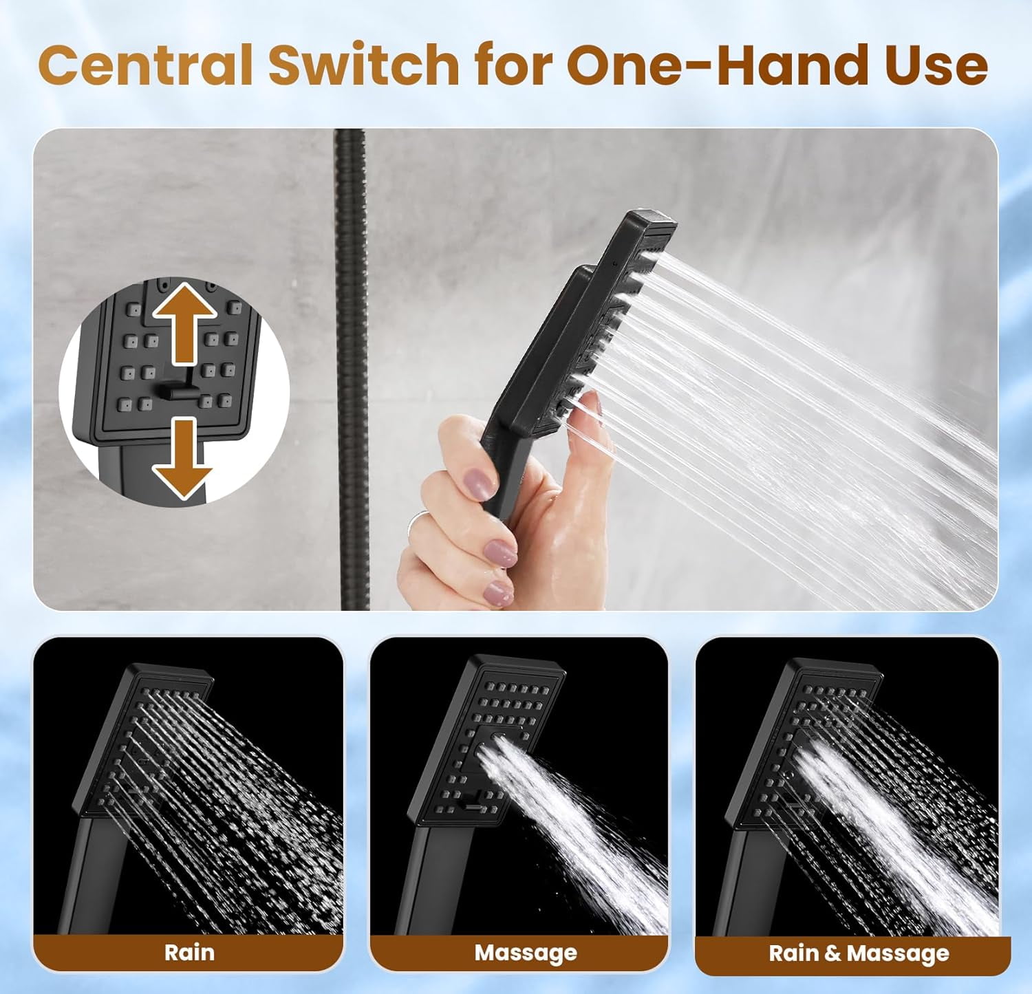 Rain Shower Head with Handheld Spray, High Pressure Square Showerhead Combo with Rainfall & Handheld, Detachable Dual Shower with Anti-Clog Nozzles, 60" Hose, Matte Black