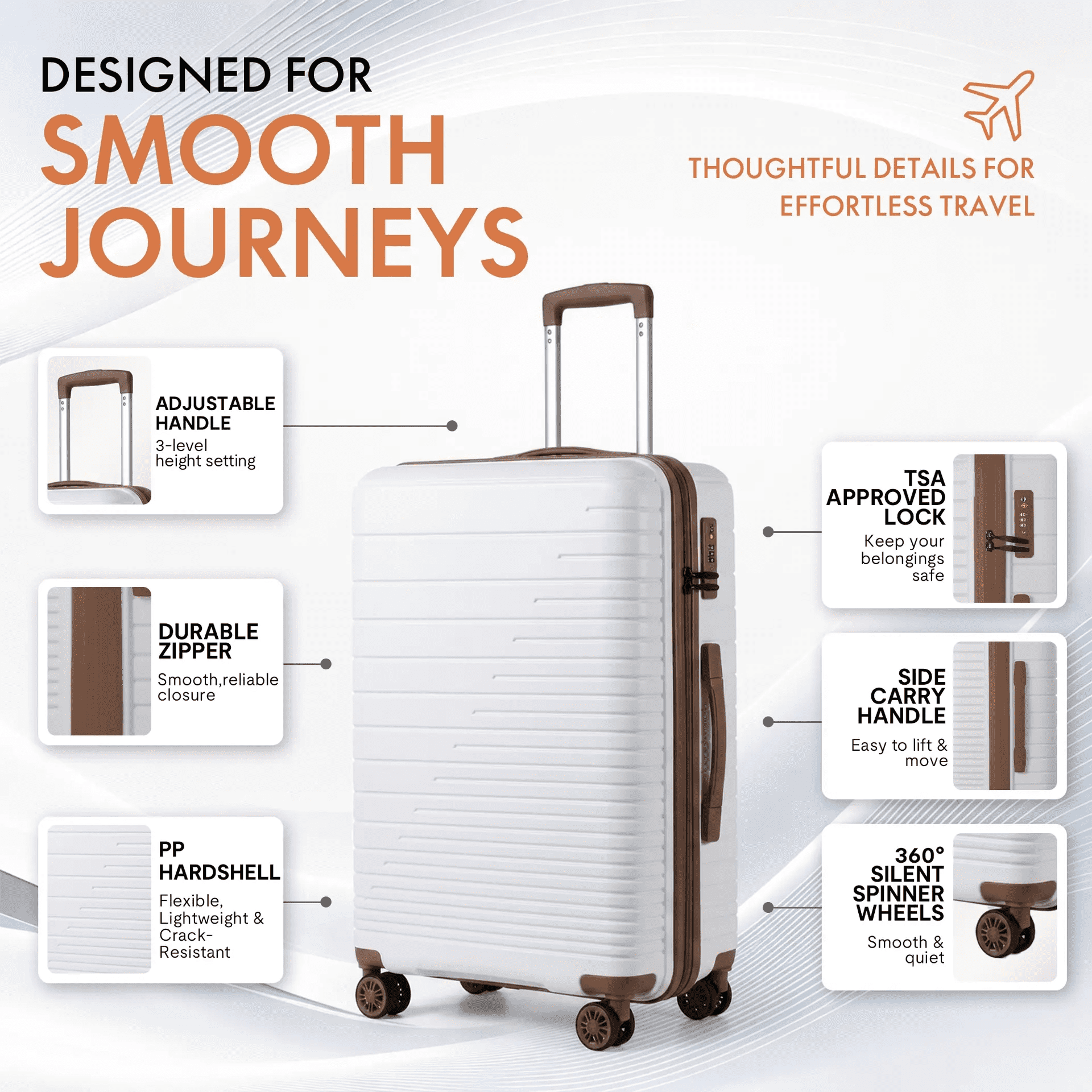3-Piece PP Hardshell Luggage Set, Lightweight Scratch-Resistant Suitcases with TSA Lock, 4 Silent Spinner Wheels, 20"/24"/28", White