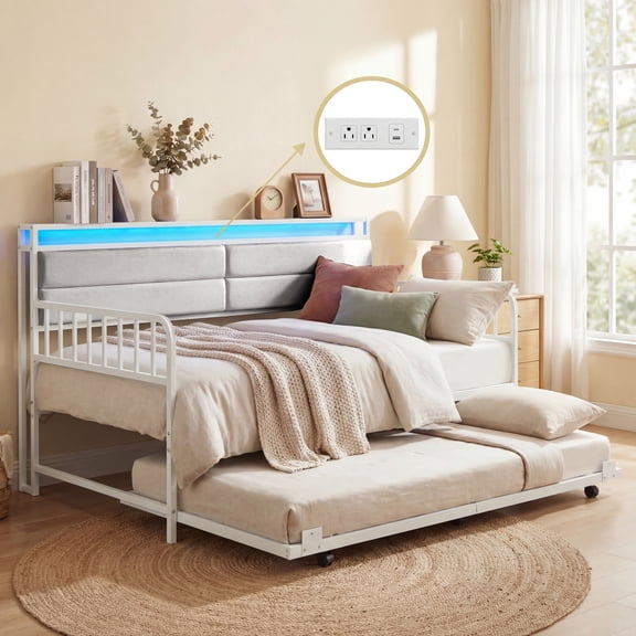 ELLEGNT Trundle Daybed with LED Lights and Charging Station - Upholstered Storage Headboard for Bedroom or Office, White