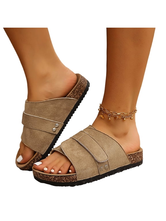 Womens Cork Footbed Sandals, Adjustable Suede Slide, Comfort Casual Non-Slip Summer Beach Slippers, Lightweight Breathable Daily Wear Shoes for Outdoor and Indoor Use