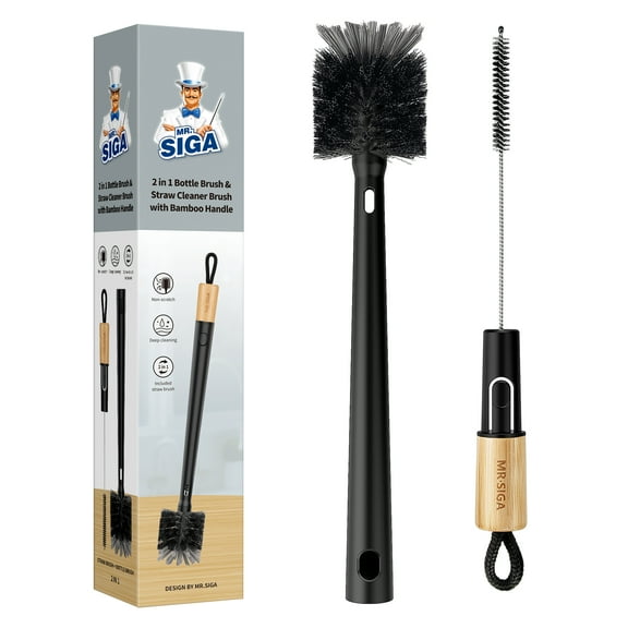 MR.SIGA Water Bottle Brush and Straw Cleaner Brush, Long Handle Bottle Cleaner Brush, 2 in 1 Bottle Cleaning Brush for Sports Bottles, Baby Bottles, Mugs, Straws, Black