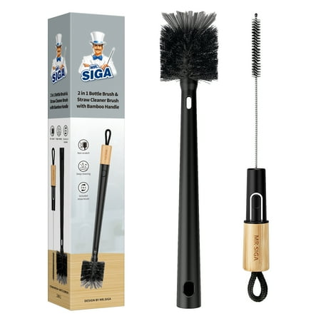 MR.SIGA Water Bottle Brush and Straw Cleaner Brush Long Handle Bottle Cleaner Brush 2 in 1 Bottle Cleaning Brush for Sports Bottles Baby Bottles Mugs Straws Black