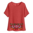 thumbnail image 3 of Feancey Floral Tops for Women Summer Cotton Linen Beach Shirts Boho Casual Short Sleeve Round Neck Blouse Lightweight Quick Dry Vacation Tshirt Holiday Red S, 3 of 6