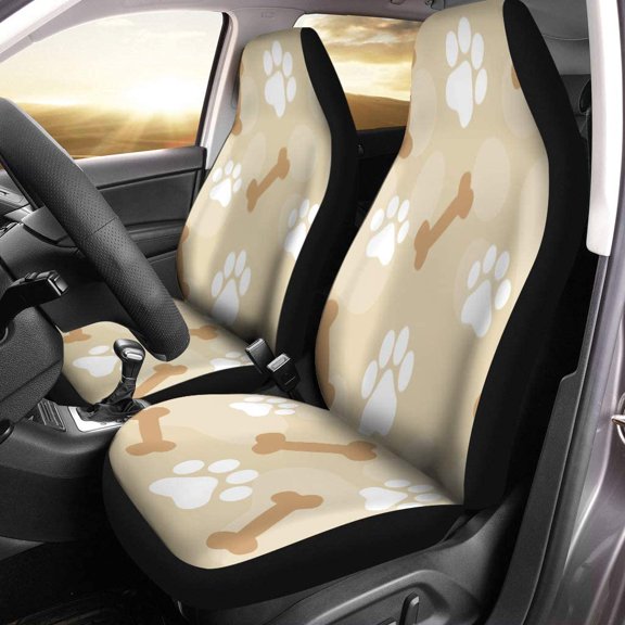ZHANZZK Set of 2 Car Seat Covers Colorful Footprint Paw Brown and White Dog Bones Universal Auto Front Seats Protector Fits for Car,SUV Sedan,Truck