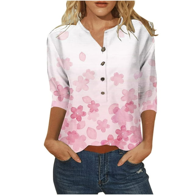 Pompotops Mode Trois Quarts Manches Rétro V-Cou Chemisier Imprimé Tops Lâches Femmes