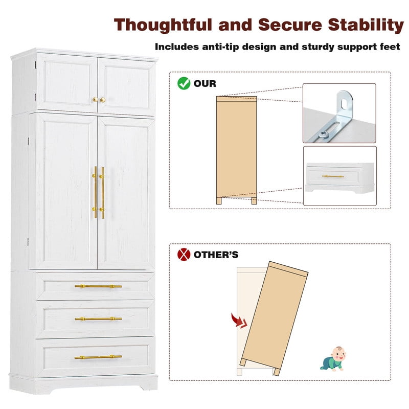 Farmhouse Kitchen Pantry Cabinet with 8 Door Shelves, Versatile Cupboard with 3 Drawers, 78.2'' Tall Kitchen Storage Cabinet with 3 Adjustable Shelves