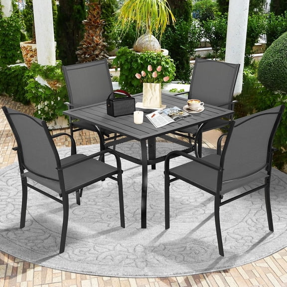 SUNCROWN 5 Piece Patio Dining Set Outdoor Furniture, Square Metal Slatted Table with 1.57" Umbrella Hole & 4 Black Textilene Chairs