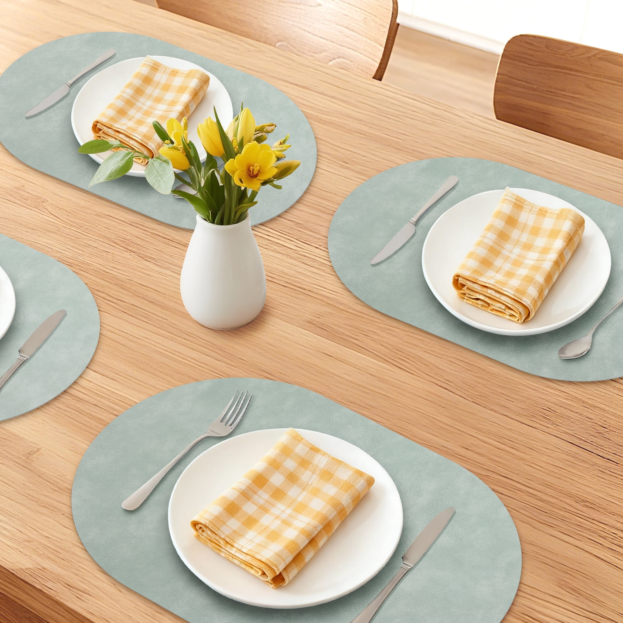 Unique Bargains 6pcs Oval Table Mats for Kitchen Green/Ivory White 17.3"x11.8"