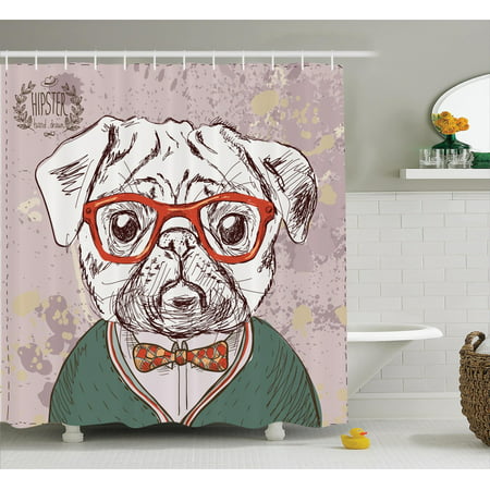 Dog Lover Decor Shower Curtain Set, Vintage Illustration Of Old Hipster Pug Dog With Red Glasses And Bow Master Of Professor, Bathroom Accessories, 69W X 70L Inches, By (Best Master Bathroom Designs)