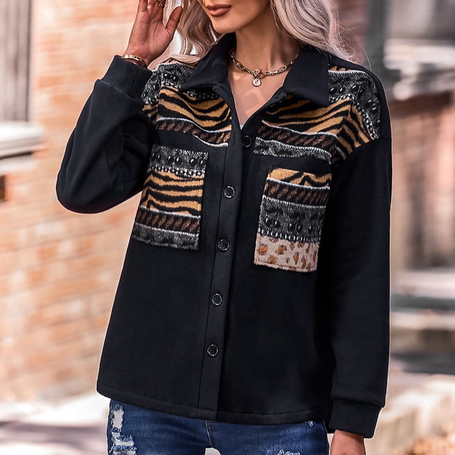 Pntutb Mujeres Estampado Costura Casual Manga Larga Bolsillo Suelto Solapa Rebeca Chaqueta Abrigo Liquidación Pntutb Pntutb-3945