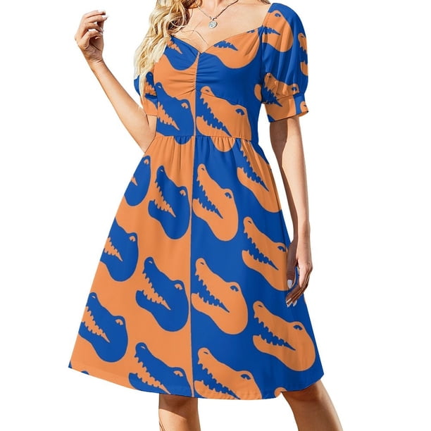 Vestido playero de manga corta con estampado de caimán naranja y azul para mujer