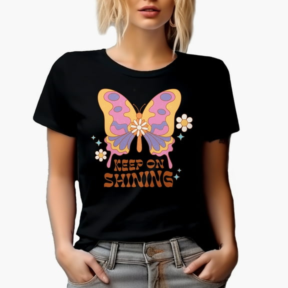 Distressed Retro Keep on Shining & Boho Butterfly Art Merch Gift, Black T-Shirt, Small