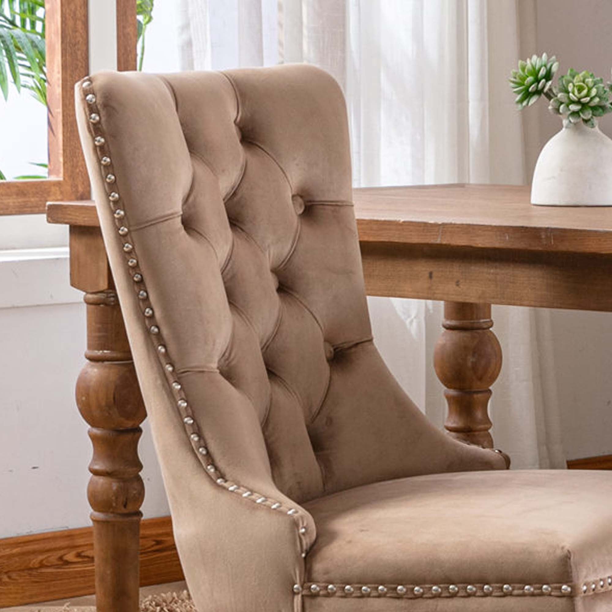 Aukfa High-End Upholstered Dining Chairs Set of 2, Modern Tufted Solid Wood Side Chair with Nailhead Trim - Khaki