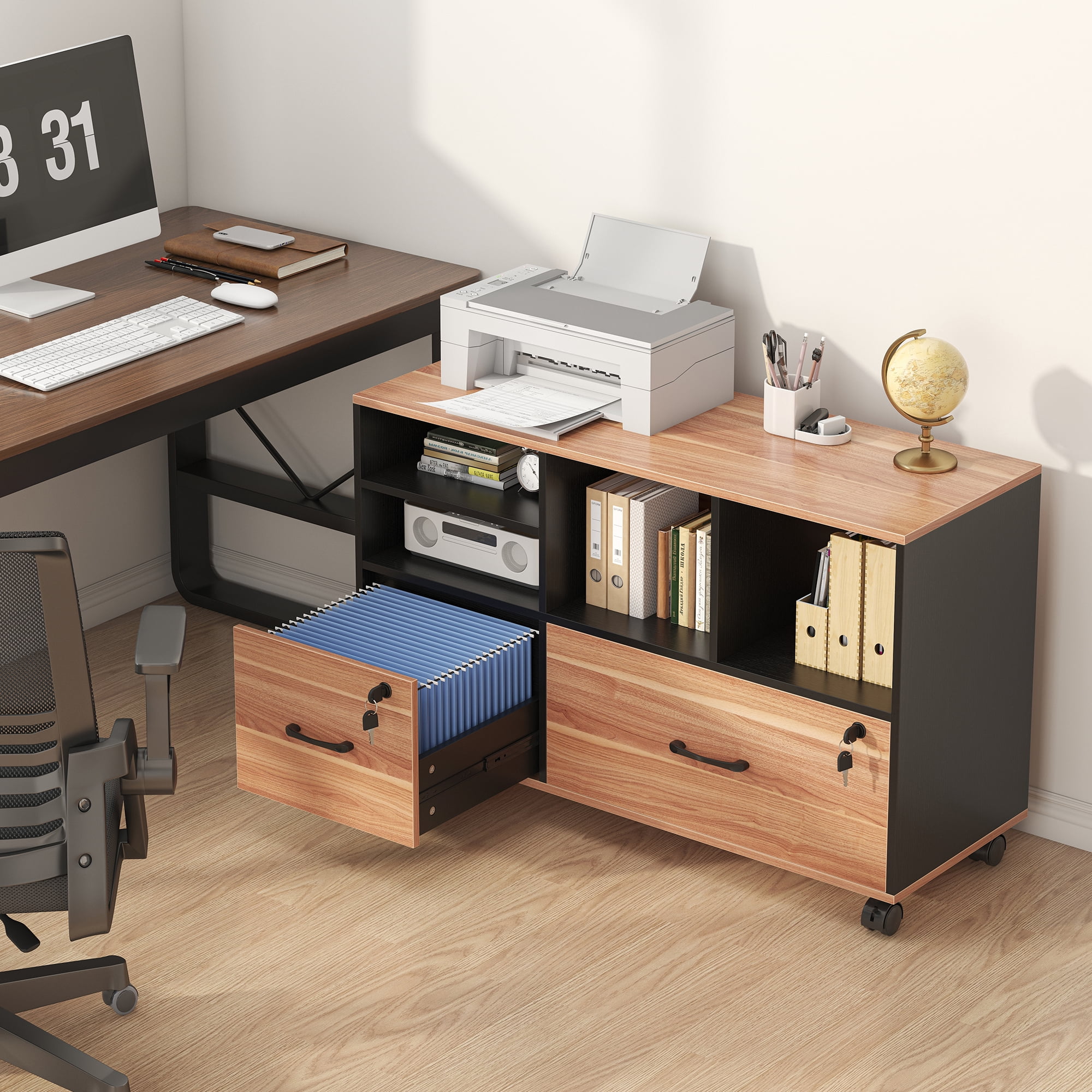 Semoic 2 Drawer File Cabinet for Home Office, Lockable Rolling Filing Cabinet with Adjustable Shelves, Wood Lateral File Cabinet with Lock, Printer Stand Office Storage Cabinet, Rustic Brown & Black