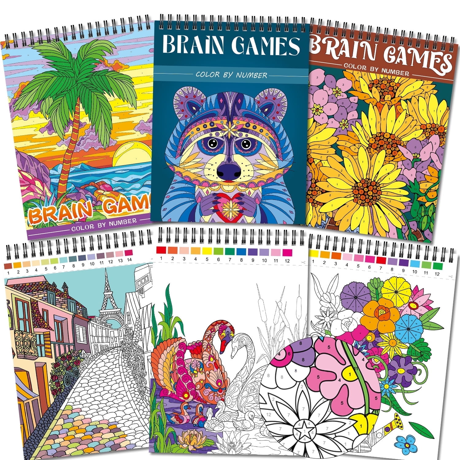 Kalysky 3 Pack Color by Number Coloring Books for Adults, Flowers Nature Landscapes & Animal Themed Art Workbooks, Relaxing Art Activity Gift