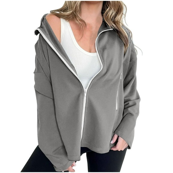 Admvng Sweatshirt for Women Solid Color Long Sleeved Top Hoodless Sweatshirt Full Zip Up Coat with Pockets S-2XL