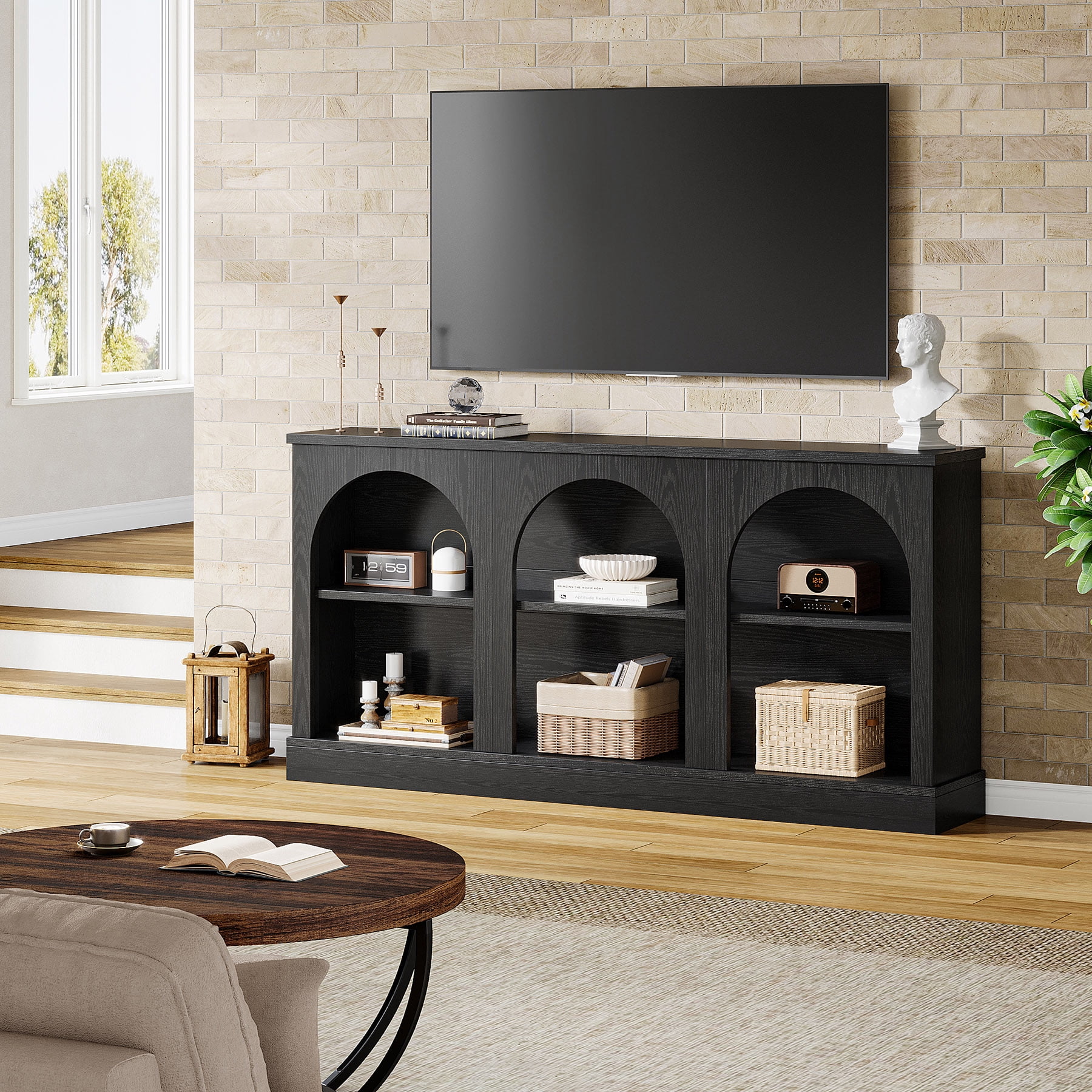 Tribesigns Farmhouse TV Stand for 55/60/65 Inch TVs, Entertainment Center with Storage Cabinets, Black
