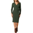 thumbnail image 1 of Vestido midi casual de manga larga con cuello en V y lazo en la cintura para mujer Inspire Chic, talla XL, color verde, 1 of 5