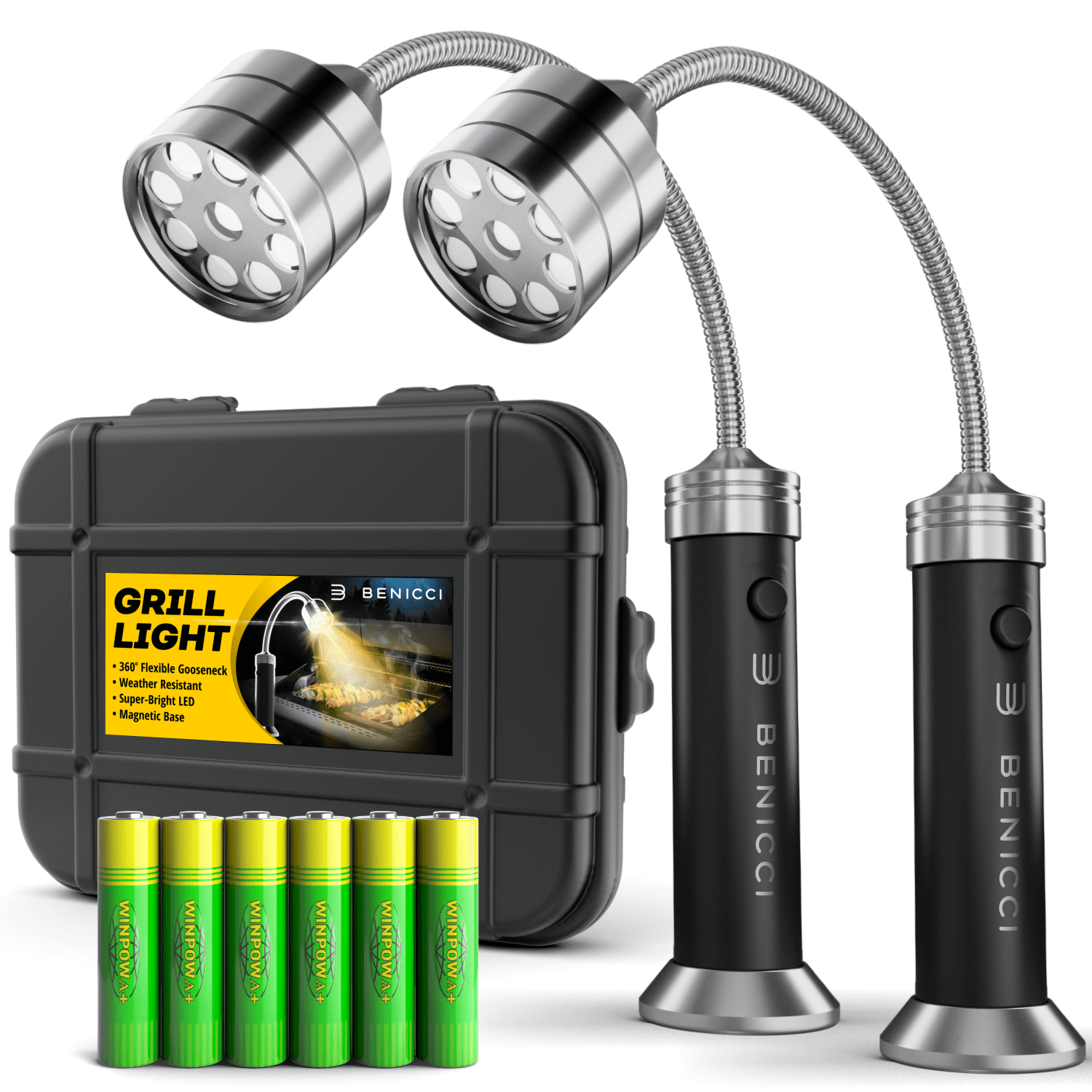 BBQ Grill Lights Set of 2 with Flexible LED - The Perfect Grilling Accessories Light with 360-Degree Magnetic Base and Gooseneck - 100% Weatherproof Portable Outdoor Lamp with 6 Batteries Included