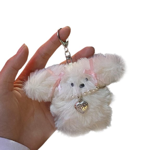tegongse Plush Keychain Stuffed Animal Toy Car Keyring Handbag Pendant Pearl Beaded Bowknot Bag Charm Key Rings