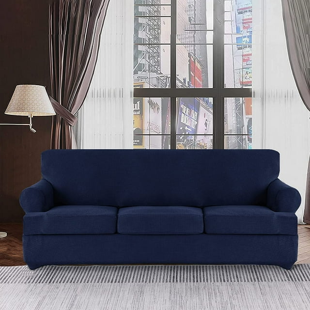 Stretch T-Cushion Cover with 3 Individual T-Cushion Covers (Sofa, Navy)