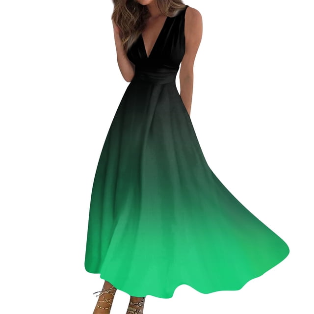Maxi Maxi Robe, Robe Sans Manches Dégradé Mode Décontractée avec Col en V Robe Maxi Bohème, Robes d'Été pour Femmes