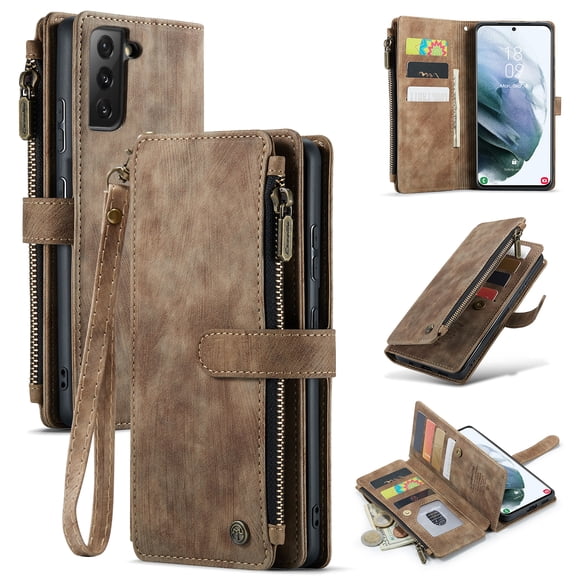 for Samsung Galaxy S22 Plus Case Wallet for Women and Men, Samsung Galaxy S22 Plus Case, PU Leather Magnetic Flip Strap Wristlet Zipper Card Holder Wallet Business Phone Cover for S22 Plus, Brown