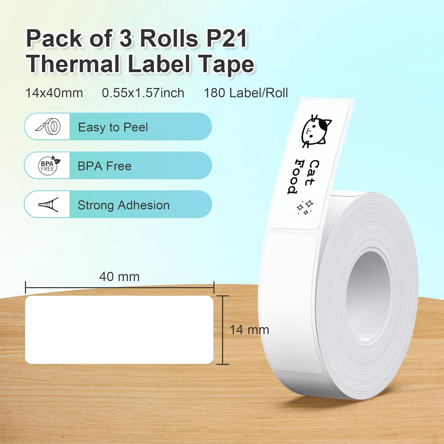 Genuine P21 Label Maker Tape, 14x40mm (0.55"x1.57") Self-Adhesive Label Compatible with Nelko P21 Label Maker for Home/Office/School, 180 tapes/roll, 3-roll, White