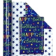 thumbnail image 2 of Reversible Birthday Wrapping Paper - Mini Roll - 17 Inch X 33 Feet - Blue Star Happy Birthday Wrapping Paper for Men, Adult, Boy, Baby Shower, Holiday, 2 of 4