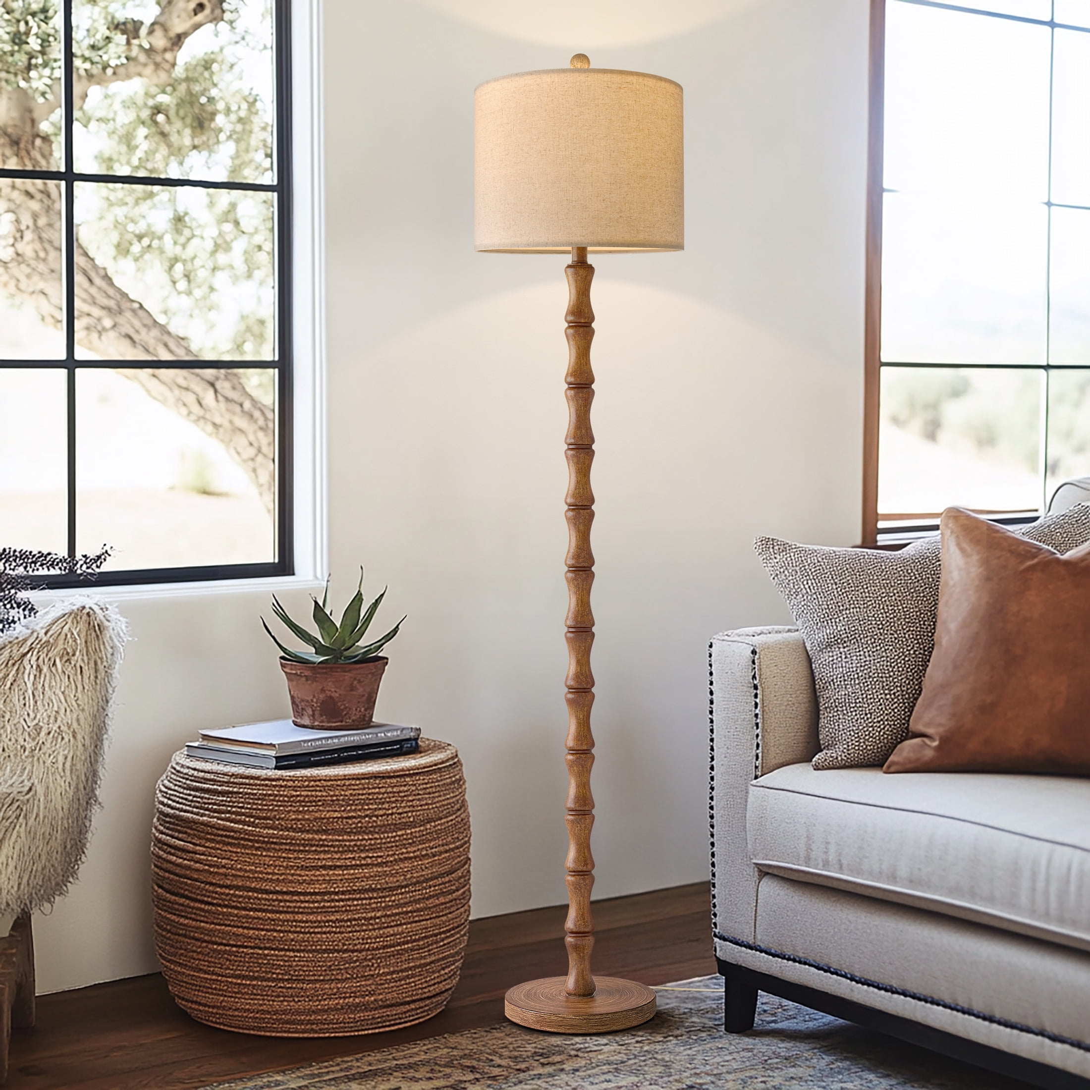 Oneach 62" Retro Floor Lamp for Living Room,Vintage Natural Wood Grain Tall Standing Lamp for Bedroom, Office,Decor