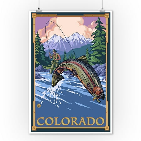 Fly Fishing Trout Prints - Colorado - Angler Fly Fishing Scene (Leaping Trout) - Lantern Press Original Poster (9x12 Art Print, Wall Decor Travel Poster)