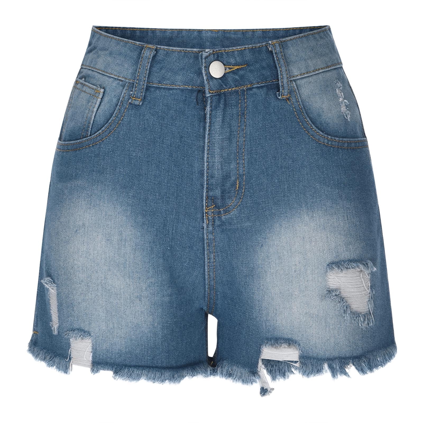 POTETI Jean Shorts for Women Mid Rise Denim Shorts for Women Plus Size Dark Blue Solid Stretchy Button Casual Distressed Ripped with Pockets Shorts