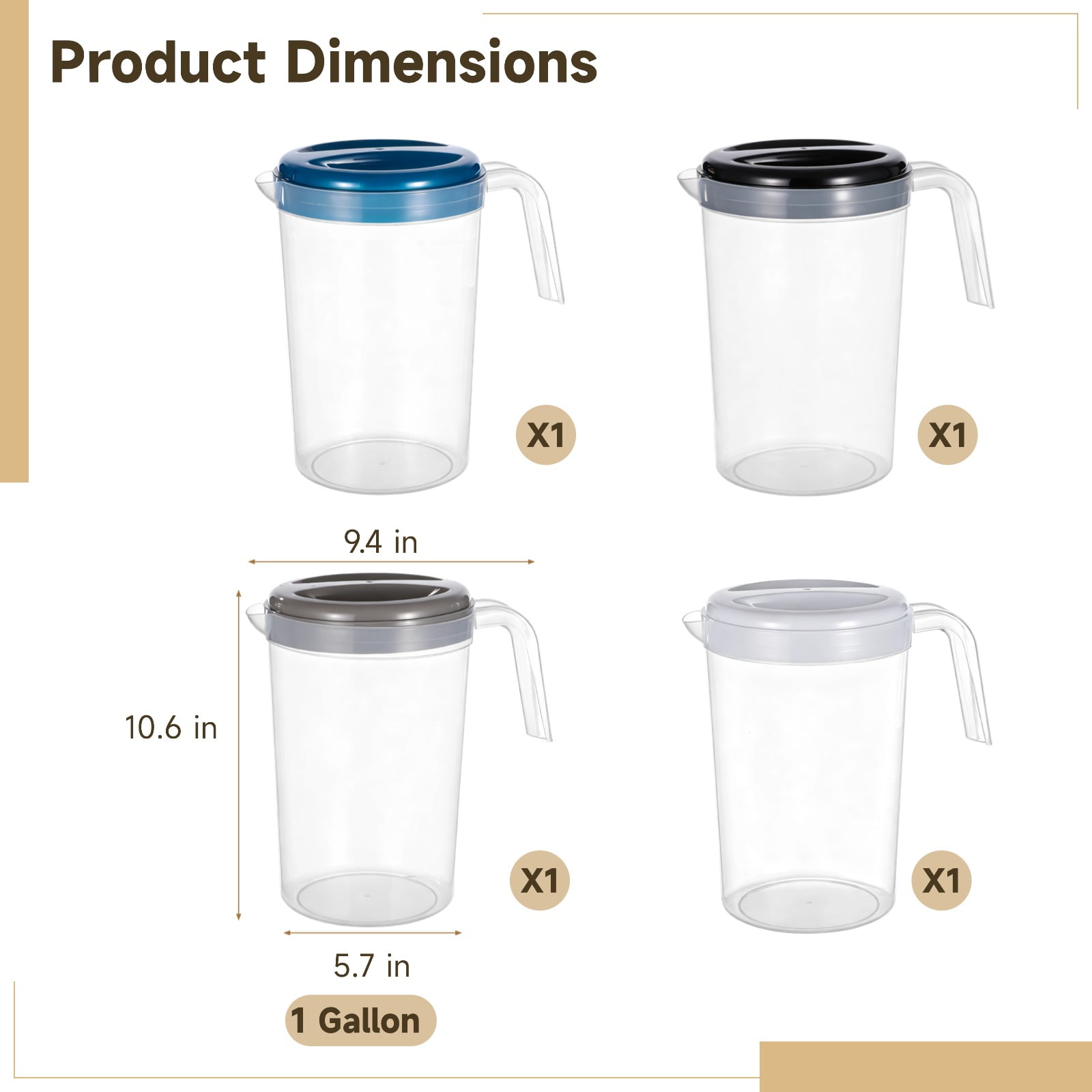 4PCS 1 Gallon Plastic Pitcher With Lid, Shatterproof Plastic Water Jug Set, Long-Lasting PP Cold Water Carafe with Handle and Spout, Multicolored Drink Pitchers for Fridge