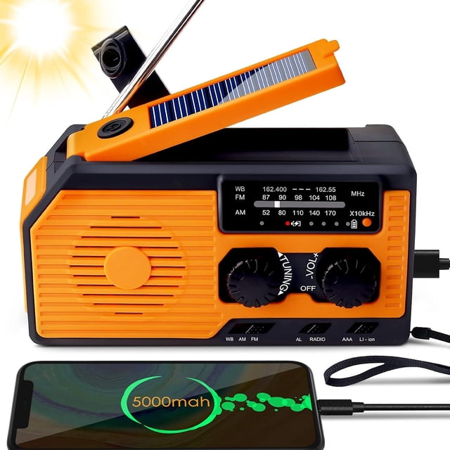 Radio de emergencia con manivela con carga solar, batería de 5000 mAh, cargador tipo C, radio meteorológica con linterna, alarma SOS y Wb/am/fm para emergencias en caso de desastre.