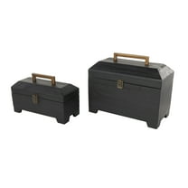 DecMode Handmade Black Wood Decorative Box with Brass Latches and Handle, 2 Count