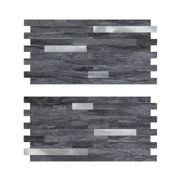 2-Sheet Peel and Stick Backsplash Stone Tile, Self Adhesive Slate Black Grey Linear Stick on Wall Tiles for Kitchen Bathroom