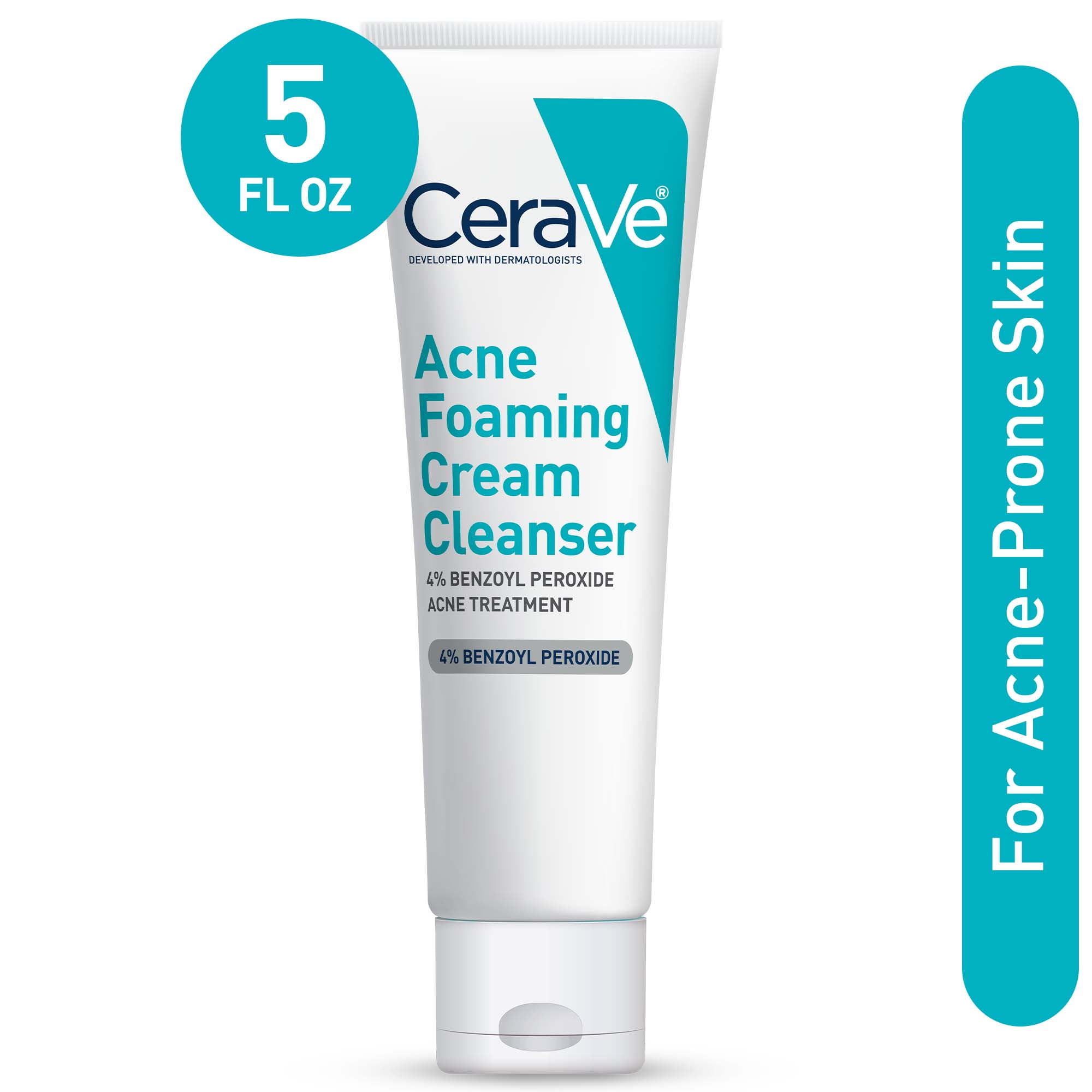 CeraVe Acne Foaming Cream Face Cleanser, Acne Treatment Face Wash with 4% Benzoyl Peroxide, Hyaluronic Acid, and Niacinamide, Fragrance-Free, 5 fl oz
