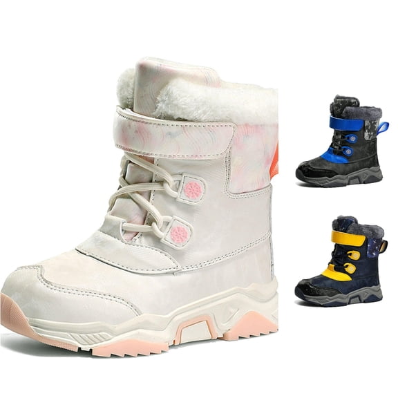 Krdevn Kids Winter Snow Boots, Fleece Lined Warm Boots, Hook‑and‑Loop Closure Non‑Slip Thick Sole Cold‑Weather Outdoor Boots,White