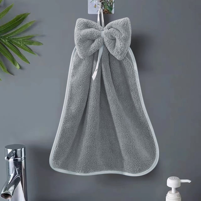 Hand Towel | Bow-Knot Hangable Fleece | Soft Absorbent Polyester | Quick Dry | Multi-Use Kitchen Bathroom Towel | No Shedding | Brown Gray Beige | 33cm x 33cm | 1 Pack